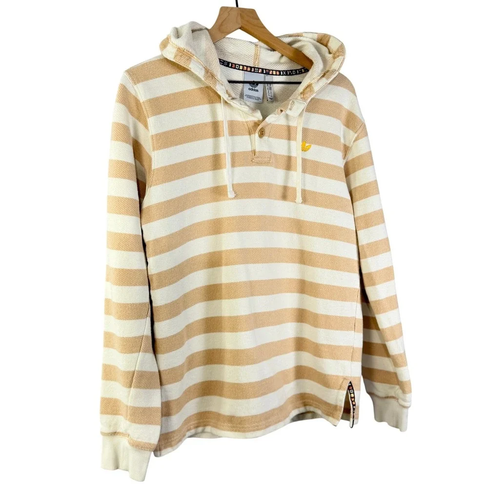 Adidas Originals‎ Mens Striped Henley Hoodie Tan Cream Trefoil Logo Medium